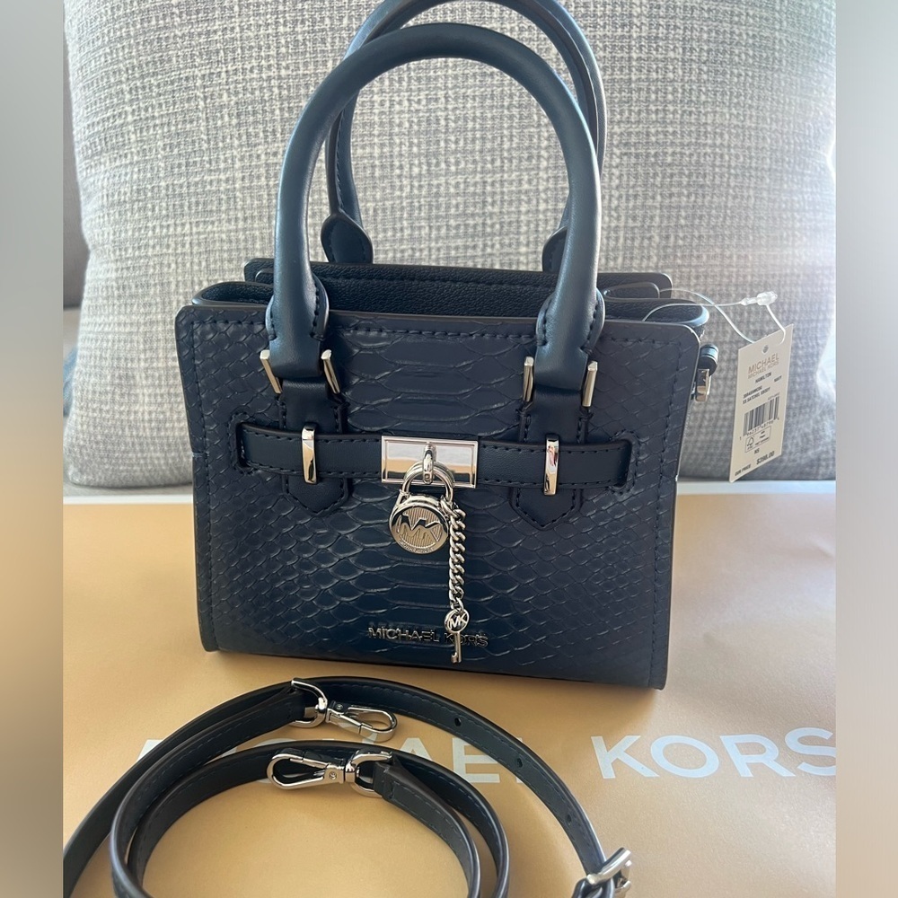 Michael Kors Hamilton Snake embossed Leather Satchel Crossbody bag Navy … - Picture 5 of 10